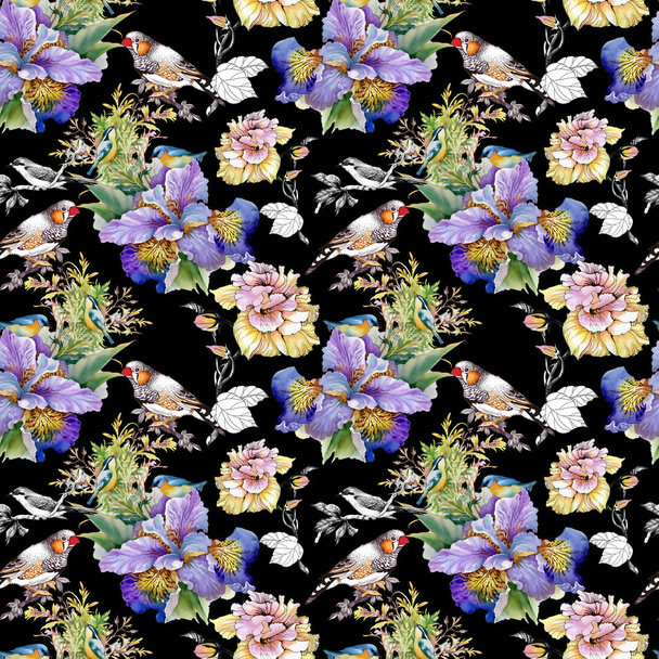 bloemen en vogels naadloze patroon - Foto, afbeelding