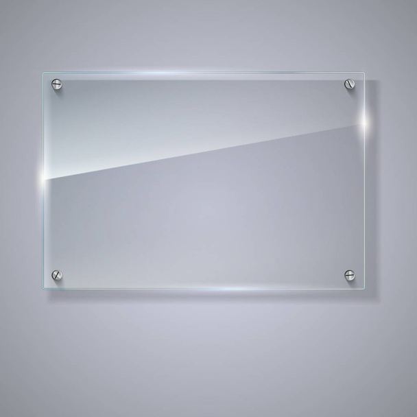 Blank, transparent vector glass plate. Vector template, horizontal banner with copy-space. Photo realistic texture with highlights and glow on the background. See through the plastic, 3D illustration - Wektor, obraz