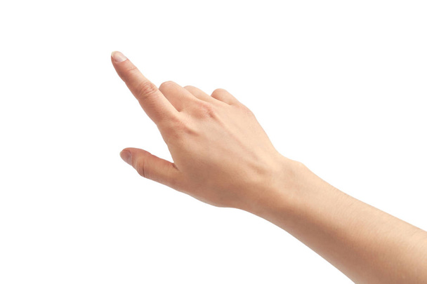 Beautiful female hand pionting gesture. Isolated on white background - Φωτογραφία, εικόνα