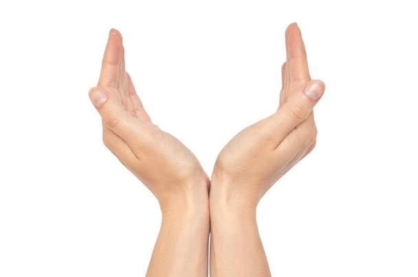 Bela mão feminina proteger gesto. Isolado sobre fundo branco
 - Foto, Imagem