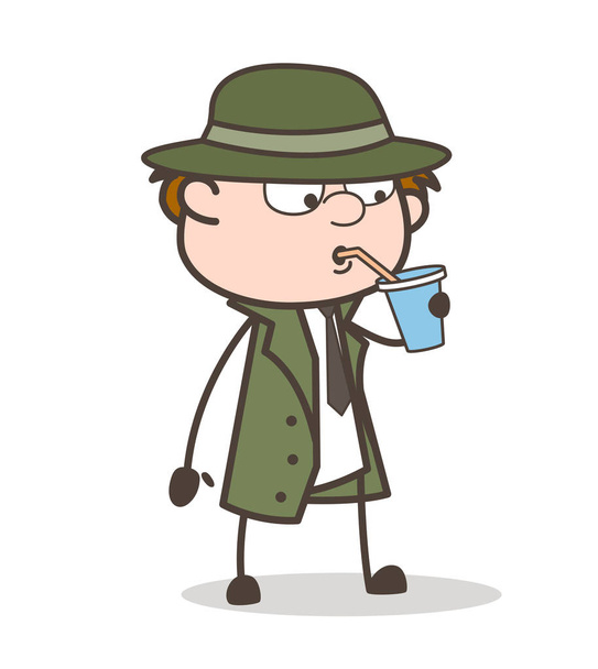 Cartoon Thirsty Detective Drinking Energy Drink Vector Illustration - Vector, Image