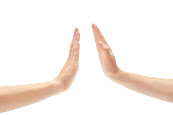 Beautiful female hand greeting high five gesture. Isolated on white background - Valokuva, kuva