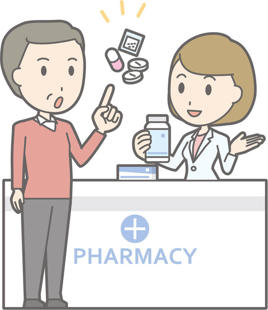 Εικονογράφηση που ένας μεσήλικας διαβούλευση με ένα θηλυκό pharmaci - Διάνυσμα, εικόνα