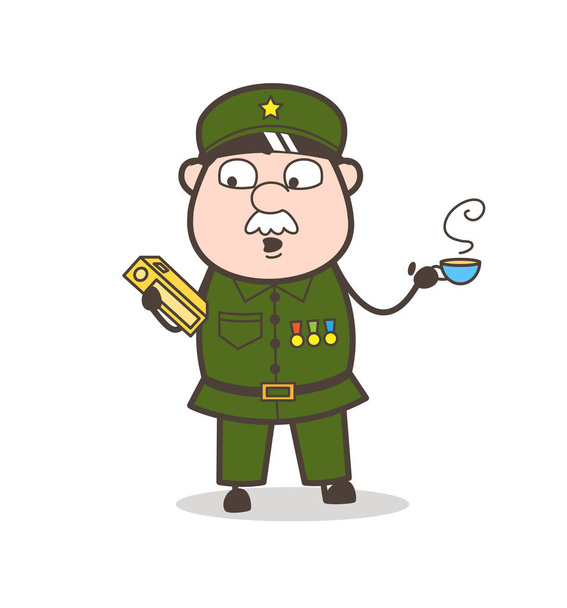 Sergent de bande dessinée tenant un livre et illustration vectorielle de café chaud
 - Vecteur, image
