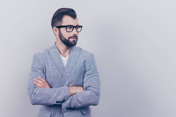 Successful young brunet bearded stylish guy banker with in forma - Fotoğraf, Görsel
