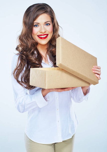 Young woman isolated portrait with open box - Photo, image