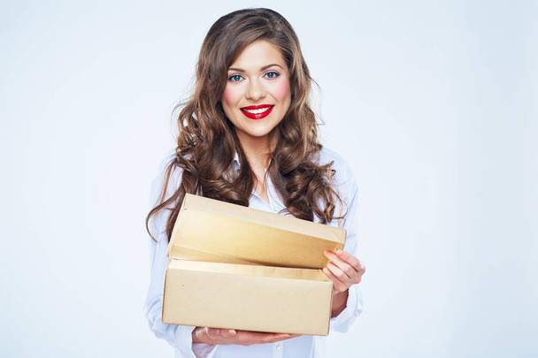 Young woman isolated portrait with open box - Foto, Bild