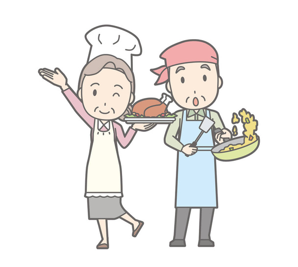 Illustration eines alten Ehepaares beim Kochen - Vektor, Bild