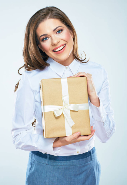 Pretty young woman hold paper gift box. White background isolat - Zdjęcie, obraz