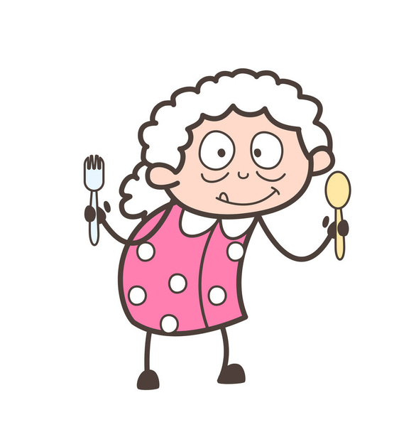 Cartoon Granny Showing Kitchen Utensils Vector Illustration - Vector, Image