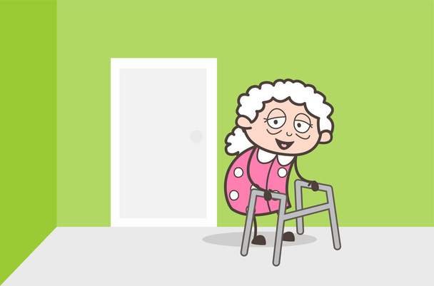 Cartoon Sick Granny Walking with Walker Support - Vector, Image