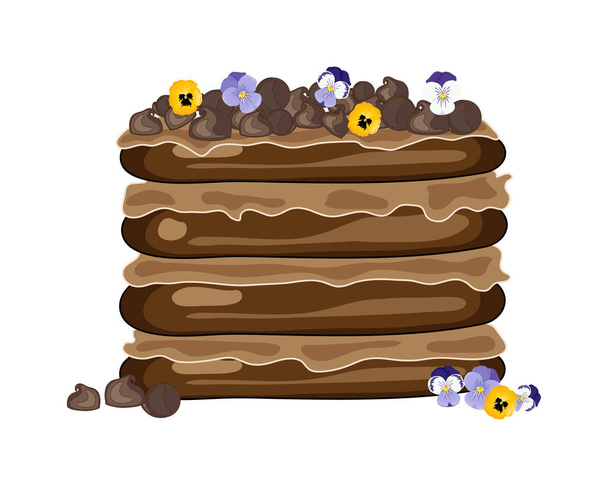 chocolate cake with pansy decoraton - Vector, Image