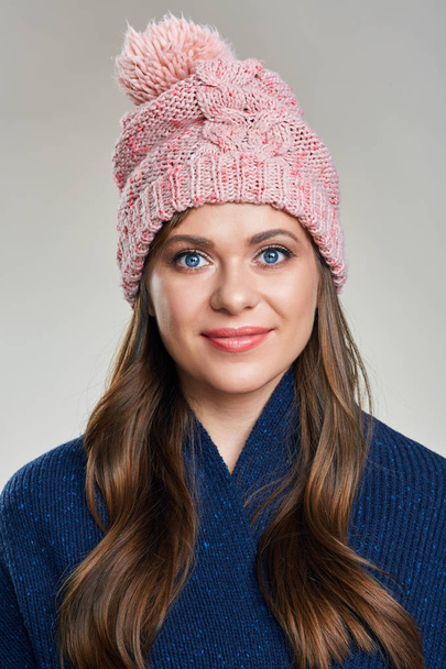 Face portrait of smiling girl with winter scarf.  - Fotoğraf, Görsel