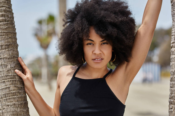 Young beautiful afro american woman between palms - Foto, Imagen