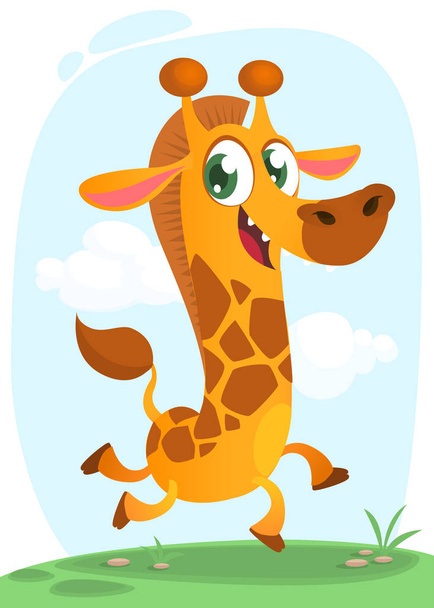 Крутой жираф бежит. Мультяшная векторная иллюстрация взволнованного жирафа, бегущего по простому фону саванны. Isolated
. - Вектор,изображение