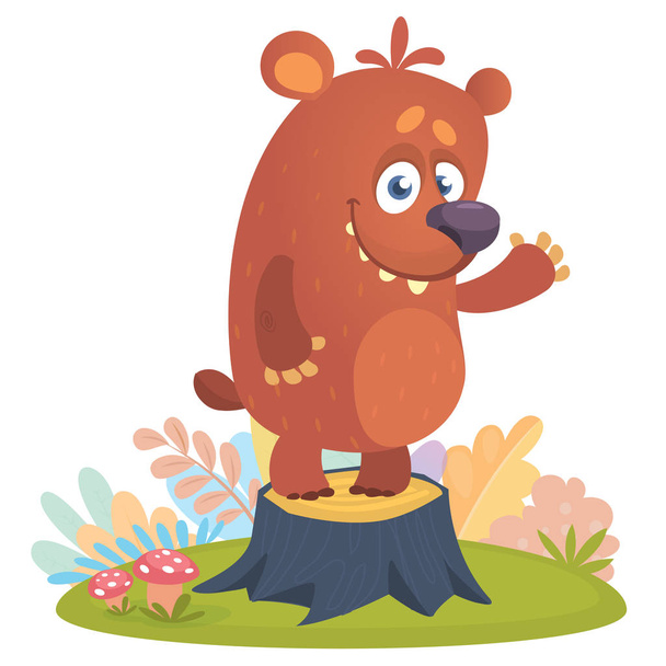 Kreskówka mało niedźwiedź stojący na pniu w lato sezon tło z kwiatów i grzyby. Wektor ilustracja na białym tle - Wektor, obraz