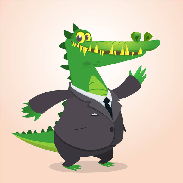Cute cartoon crocodile, alligator or dinosaur wearing black businessman suit. Vector illustration of a lovely crocodile mascot isolated - Vettoriali, immagini