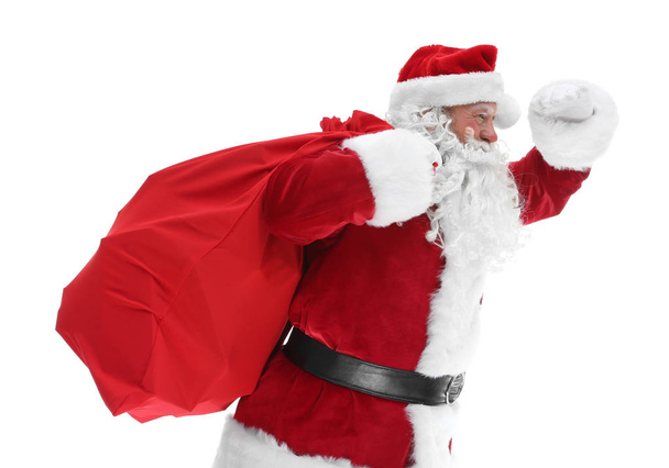 Authentic Santa Claus with big gift bag on white background - Foto, Bild