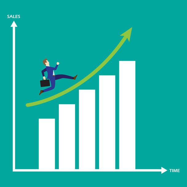 Empresário rodando no gráfico de barras de crescimento
 - Vetor, Imagem