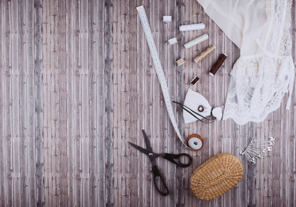 Background with sewing tools and accessories. - Φωτογραφία, εικόνα