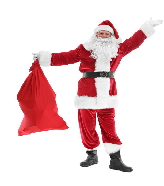 Authentic Santa Claus with big gift bag on white background - Φωτογραφία, εικόνα