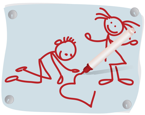 los niños, corazón y un rotulador rojo - Vector, imagen