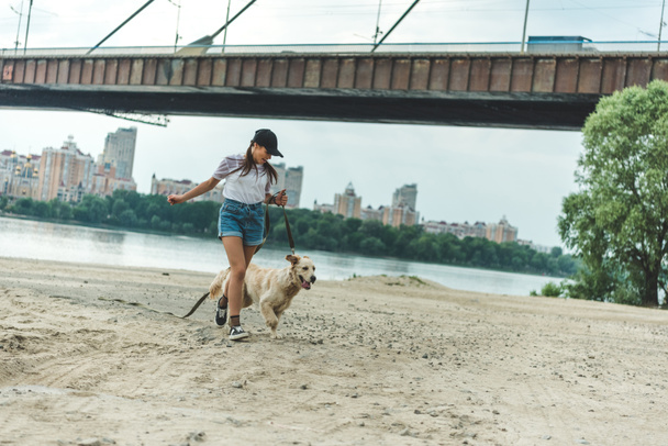 woman with dog on beach - Photo, Image
