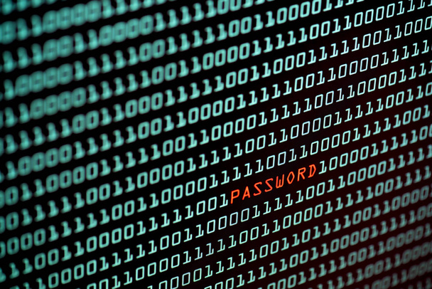 Текст пароля и бинарный код с экрана настольного компьютера, селективная фокусировка, концепция технологии безопасности
 - Фото, изображение