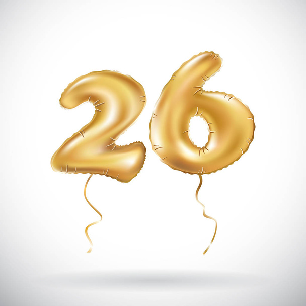 vector Golden number 26 twenty six metallic balloon. Party decoration golden balloons. Anniversary sign for happy holiday, celebration, birthday, carnival, new year. - Vector, Imagen