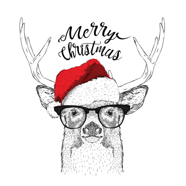 El cartel de navidad con el retrato de ciervo de la imagen en el sombrero de Santa. Ilustración vectorial
. - Vector, imagen