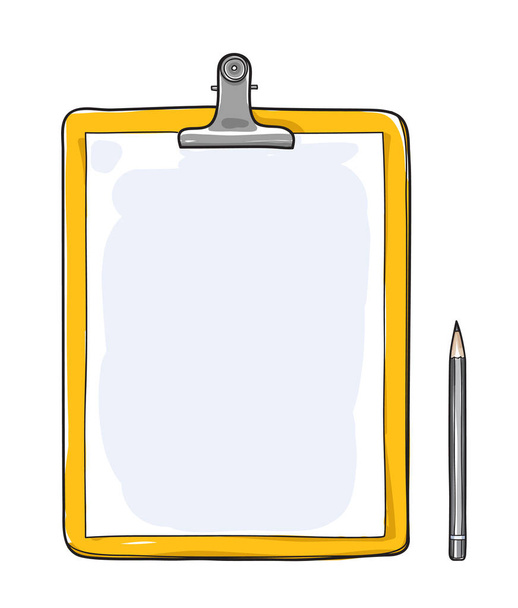 Yellow Clipboard with blank paper and a pencil hand drawn vector - Vector, Image
