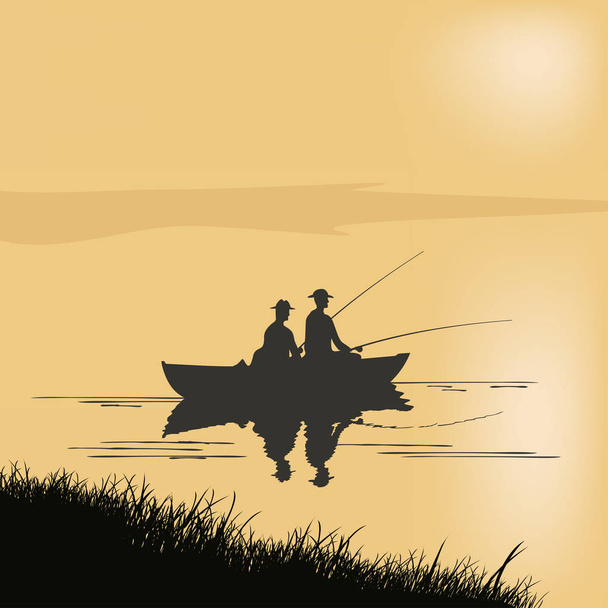Two fishermen in a boat. - Vector, Image