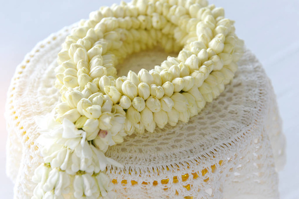 Fresh jasmine garland on tray for Mother Day of Thailand. Thai Traditional Style - Photo, Image