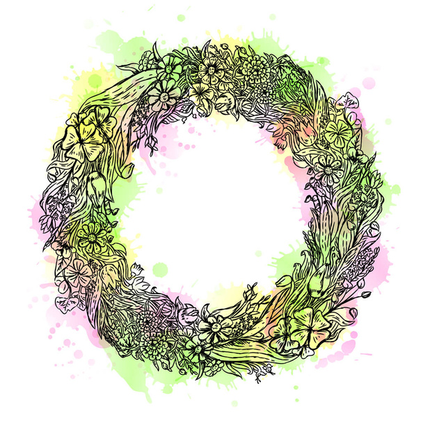 Watercolor hand drawn wreath of flowers. vintage sketch. Vector illustration. - Wektor, obraz