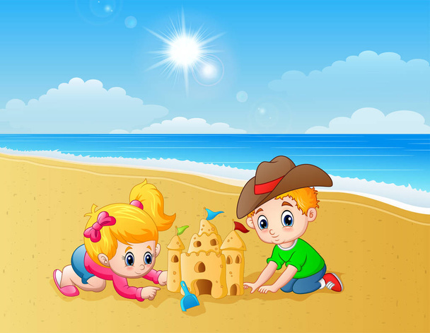 Enfants faisant château de sable à la plage
 - Vecteur, image