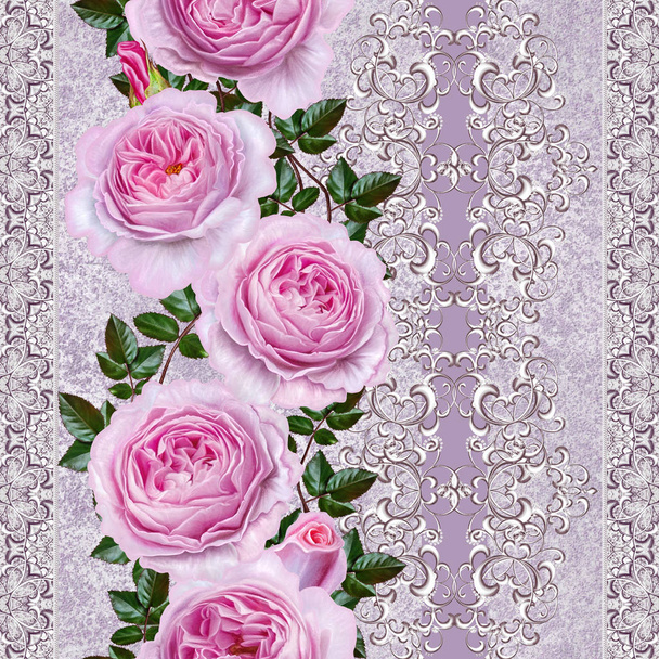 Vertical floral border. Pattern, seamless. Old style. Flower garland of delicate pink roses, buds. Silver shiny openwork curls, lace, pastel mosaic, weaving. - Foto, Imagen
