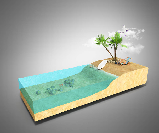 Morceau d'île tropicale avec eau et palmiers sur une plage en cros
 - Photo, image