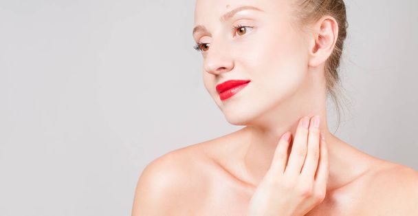 Beautiful woman touching her neck. Perfect fresh skin.  Skin Care - Fotografie, Obrázek