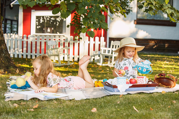 Cute Little Blond Girls Reading Book Outside on Grass - 写真・画像