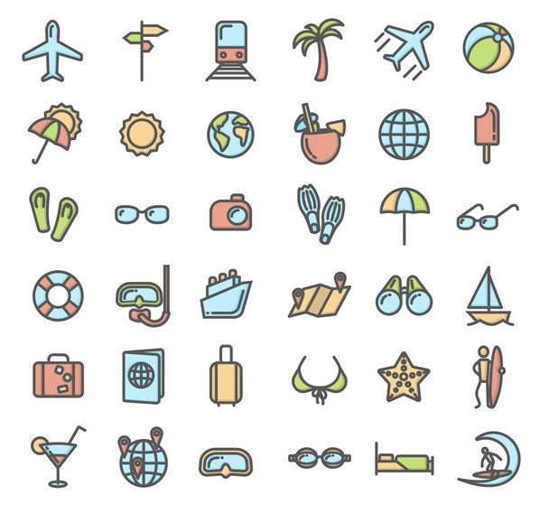 Summer vacation outline colored icons set - Vector, Image