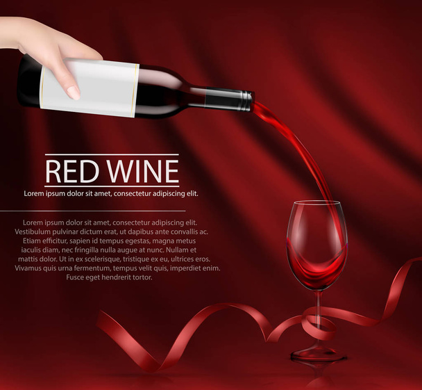 Vektorové ilustrace ruky držící sklo víno láhev a nalil do sklenice červené víno - Vektor, obrázek