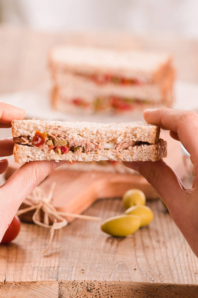 Tuna, olives and tomato sandwiches.  - Photo, Image