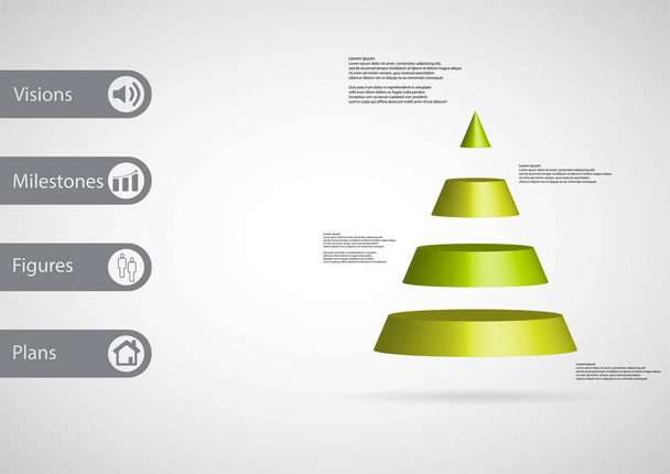 3D illustrazione modello infografico con triangolo diviso orizzontalmente a quattro fette verdi
 - Vettoriali, immagini