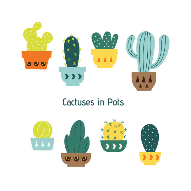 Sarja käsin piirrettyjä kaktuksia ja mehukkaita ruukuissa
 - Vektori, kuva