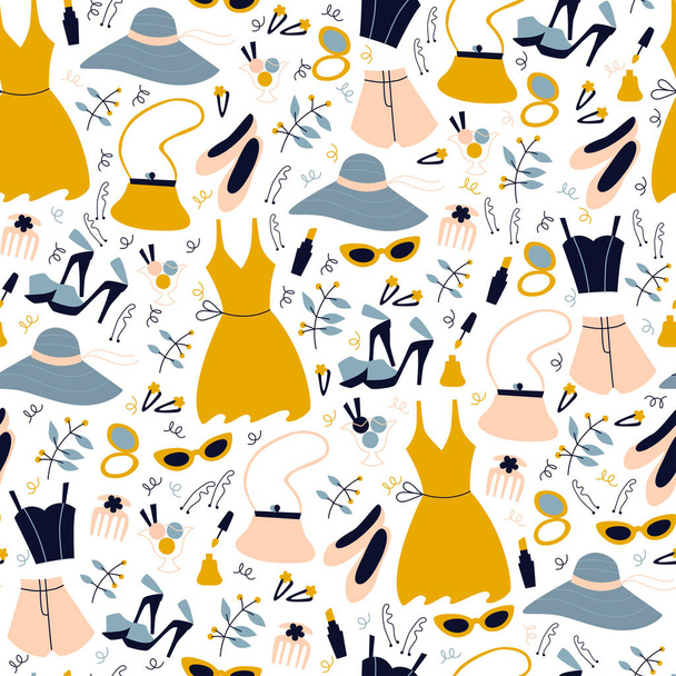 Girl's Clothes and Accessories Seamless Background. - Vector, afbeelding