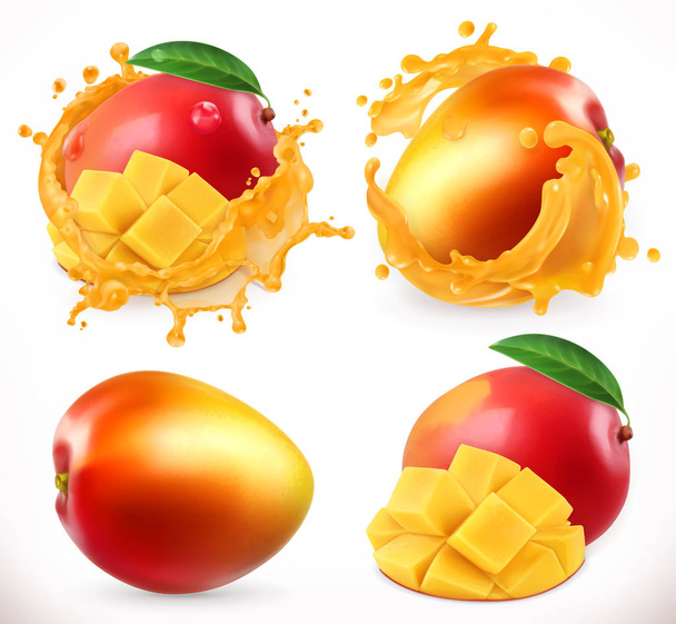 Mango juice. Fresh fruit, 3d realistic vector icon - Vektor, kép