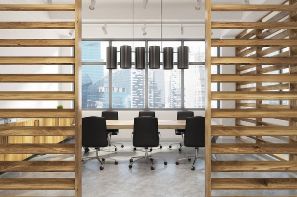 Интерьер конференц-зала с деревянными стенами
 - Фото, изображение