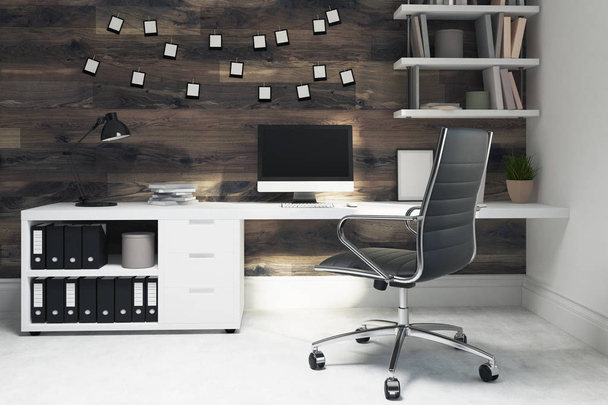 Dark wooden home office, black chair, side - Foto, immagini