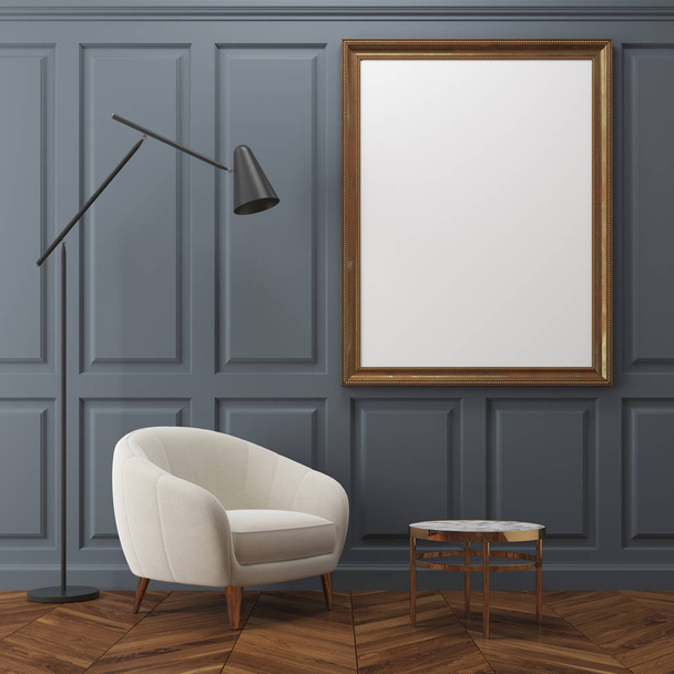 Gray living room, white armchair, poster - Zdjęcie, obraz