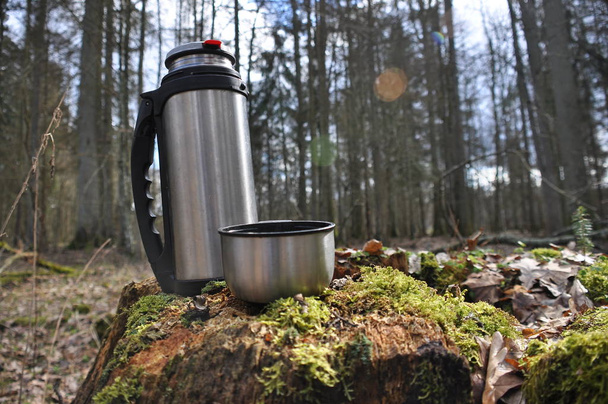 Hete thee in thermos voor een wandeling in het bos tijdens het rusten - Foto, afbeelding